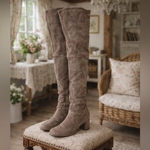 Stuart Weitzman Highland Stretch Over-the-Knee Suede Block Heel Boots - Taupe